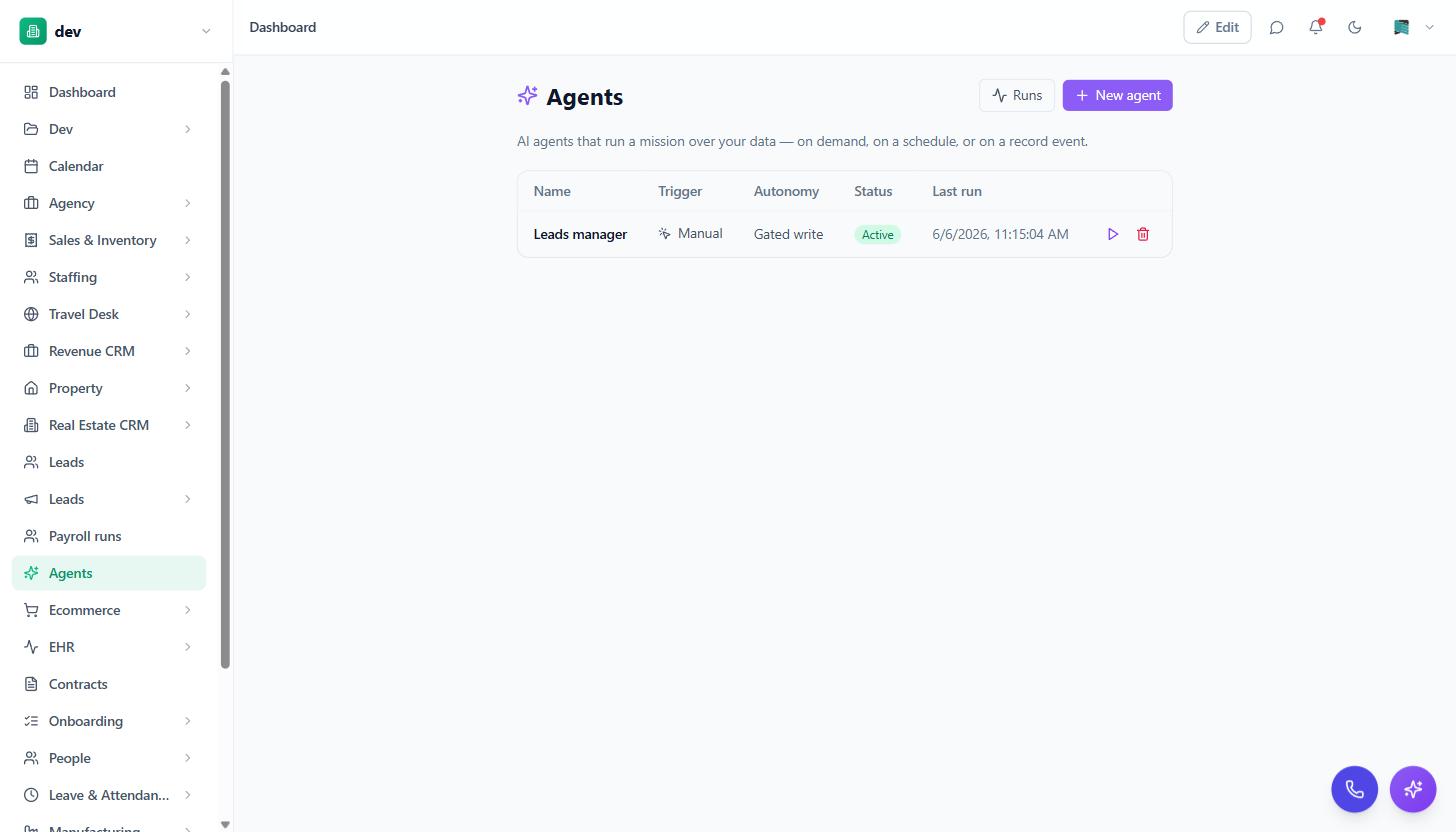 The BackOffice Agents screen listing agents with trigger, autonomy, status and last run