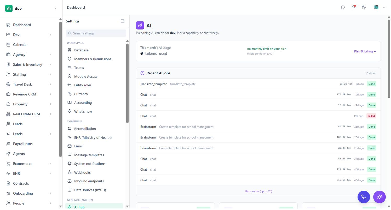 The BackOffice AI hub showing this month's token usage and a list of recent AI jobs with their status