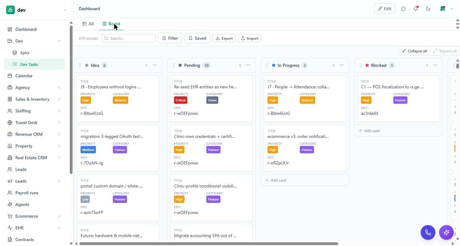 A board view in BackOffice with records grouped into Idea, Pending, In Progress and Blocked columns