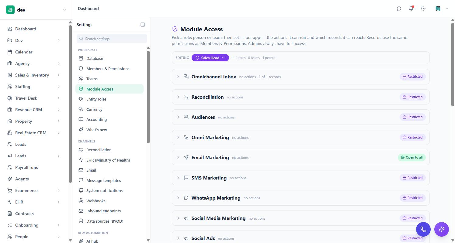 The Module Access screen in BackOffice with per-app Restricted and Open to all states